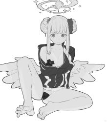 Rule 34 | 1girl, bare legs, bare shoulders, barefoot, blue archive, blunt bangs, breasts, cleavage, double bun, feathered wings, flower, full body, hair bun, hair flower, hair ornament, hair ribbon, halo, highres, jacket, light frown, looking at viewer, medium breasts, mika (blue archive), monochrome, off-shoulder jacket, off shoulder, open clothes, open jacket, pasties, ribbon, sidelocks, sitting, sketch, songchuan li, tape, tape on nipples, tape on pussy, tears, toes, wavy mouth, white background, wings
