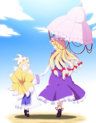 Rule 34 | 2girls, blonde hair, blue sky, blush, bow, cloud, day, dress, closed eyes, female focus, fox tail, from behind, h-new, hair bow, holding hands, hat, highres, multiple girls, multiple tails, open mouth, parasol, purple dress, red eyes, sky, smile, tail, touhou, umbrella, walking, white dress, yakumo ran, yakumo yukari, aged down