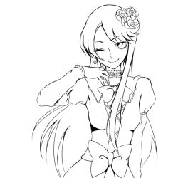 Rule 34 | 10s, 1girl, alternate costume, choker, dress, earrings, flower, formal, greyscale, hair flower, hair ornament, happy, heartcatch precure!, jewelry, long hair, looking at viewer, monochrome, one eye closed, precure, ribbon, rose, simple background, sketch, smile, solo, tsukikage oyama, tsukikage yuri, white background, wink