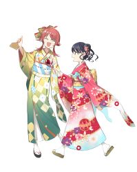 Rule 34 | 2girls, absurdres, ahoge, artist request, black hair, brown eyes, candy, commentary request, closed eyes, fang, flower, food, fukumaru koito, full body, hair bun, hair flower, hair ornament, hair ribbon, height difference, highres, idolmaster, idolmaster shiny colors, japanese clothes, kimono, komiya kaho, long hair, multiple girls, new year, obi, open mouth, pink kimono, red hair, ribbon, sandals, sash, single hair bun, skin fang, white background, wide sleeves, yellow kimono