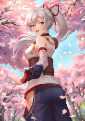 Rule 34 | 1girl, ass, bare shoulders, blue sky, blush, breasts, cherry blossoms, day, fate/grand order, fate (series), fingerless gloves, gloves, hair between eyes, hair ribbon, hand on own chest, highres, hip vent, japanese clothes, long hair, looking at viewer, looking back, mashuu (neko no oyashiro), medium breasts, petals, ponytail, red eyes, red gloves, red ribbon, ribbon, sash, silver hair, sky, smile, solo, tomoe (symbol), tomoe gozen (fate), tree, very long hair