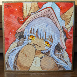 Rule 34 | 1other, blackcat (blackcatbox), blunt bangs, brown fur, closed mouth, commentary request, dated, ears through headwear, fake horns, furry, grey hair, hand to own mouth, hands up, helmet, horned helmet, horns, looking at viewer, made in abyss, nanachi (made in abyss), nude, orange eyes, other focus, painting (medium), photo (medium), red background, shikishi, short hair with long locks, signature, smile, solo, traditional media, twitter username, upper body, watercolor (medium), watermark