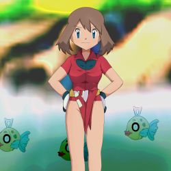 Rule 34 | 1girl, blue eyes, bottomless, brown hair, creatures (company), feebas, game freak, gen 3 pokemon, highres, may (pokemon), nintendo, pokemon, pokemon (anime), pokemon (creature), pokemon rse (anime)