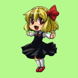 Rule 34 | 1girl, :3, bad id, bad pixiv id, blonde hair, chibi, dress, fang, female focus, green background, hair ribbon, kuri-magu kuroguro, open mouth, outstretched arms, red eyes, ribbon, rumia, short hair, simple background, solo, touhou