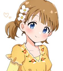 Rule 34 | 1girl, blue eyes, blush, brown hair, child, commentary request, dot nose, dress, floral print, flower, frilled sleeves, frills, hair flower, hair ornament, heart, highres, idolmaster, idolmaster million live!, idolmaster million live! theater days, kahiika, long sleeves, looking at viewer, official alternate hairstyle, short hair, short twintails, smile, solo, suou momoko, twintails, upper body, white background, yellow dress