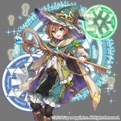 Rule 34 | :d, androgynous, aqua hat, black legwear, boots, brown footwear, brown hair, cape, chain, company name, gender request, green eyes, grey background, hat, hat chain, holding, holding staff, key, keyhole, knee boots, lock, magic circle, official art, open mouth, rival arena vs, short hair, smile, solo, staff, standing, takamiya ren, witch hat