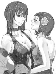 Rule 34 | 2girls, 428, alphard (canaan), alternate costume, bad id, bad pixiv id, bare shoulders, breasts, canaan (series), choker, chunsoft, cleavage, dancing, dress, flower, formal, gloves, greyscale, hair down, hair flower, hair ornament, holding hands, jitome, large breasts, liang qi, looking at another, medium breasts, monochrome, multiple girls, oekaki, ra1kn, short hair, smile, yuri