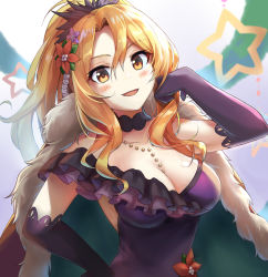 Rule 34 | 1girl, blonde hair, blush, breasts, brown eyes, cape, christina (christmas) (princess connect!), christina (princess connect!), cleavage, dress, elbow gloves, flower, fur-trimmed cape, fur trim, gloves, green cape, hair between eyes, hair flower, hair ornament, hand on own hip, large breasts, long hair, looking at viewer, open mouth, princess connect!, purple dress, purple gloves, red cape, shuucream (syuichi), smile, solo, star (symbol), upper body