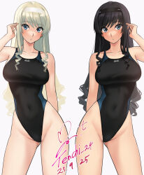 Rule 34 | 2girls, amagami, artist name, black eyes, black hairband, blonde hair, blue eyes, blush, breasts, collarbone, competition swimsuit, cousins, covered navel, curly hair, hairband, highleg, highleg swimsuit, highres, large breasts, long hair, looking at viewer, morishima haruka, morishima jessica, multiple girls, one-piece swimsuit, signature, simple background, standing, swimsuit, symmetry, white hairband, yoo tenchi