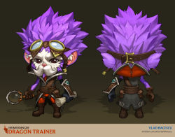 Rule 34 | 1boy, artist name, brown background, brown eyes, brown gloves, character name, dragon trainer heimerdinger, from behind, full body, gloves, goggles, goggles on head, heimerdinger, highres, holding, holding scroll, horns, league of legends, looking at viewer, magnifying glass, multiple views, official alternate costume, on head, pink hair, scroll, standing, vladbacescu, watermark, web address, wings, yordle