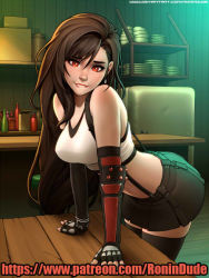 Rule 34 | 1girl, arm guards, bar (place), black skirt, black thighhighs, earrings, elbow gloves, final fantasy, final fantasy vii, final fantasy vii remake, fingerless gloves, gloves, jewelry, long hair, looking at viewer, low-tied long hair, midriff, miniskirt, pleated skirt, red eyes, ronindude, seventh heaven, skirt, sleeveless, smile, solo, sports bra, suspender skirt, suspenders, table, tank top, thighhighs, tifa lockhart