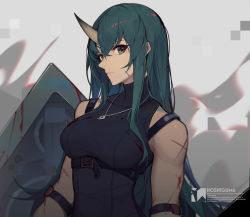 Rule 34 | 1girl, arknights, bare shoulders, black shirt, breasts, character name, commentary request, facial scar, green hair, grey eyes, hair ornament, hannya (arknights), highres, horns, hoshiguma (arknights), jewelry, large breasts, long hair, looking at viewer, magatama, magatama necklace, mongarit, necklace, scar, scar on cheek, scar on face, shield, shirt, single horn, sleeveless, sleeveless shirt, solo, stitches, upper body