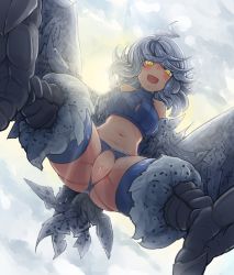 Rule 34 | 1girl, :d, ahoge, ass, backlighting, bare shoulders, bird tail, blush, breasts, cleft of venus, cloud, crotchless, crotchless panties, digitigrade, from below, grey hair, halterneck, harpy, harpy (monster girl encyclopedia), highres, looking at viewer, looking down, medium breasts, medium hair, midriff, monster girl, monster girl encyclopedia, nanostar, navel, open mouth, panties, pussy, smile, solo, tail, underwear, winged arms, wings, yellow eyes