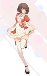 Rule 34 | 1girl, :/, absurdres, black footwear, blunt bangs, bob cut, breasts, brown hair, chinese commentary, closed mouth, clothes lift, dress, dress lift, frilled dress, frills, full body, highres, lifted by self, looking at viewer, mary janes, medium breasts, original, puffy short sleeves, puffy sleeves, purple eyes, red dress, shoes, short hair, short sleeves, skirt hold, solo, standing, standing on one leg, thighhighs, two-tone dress, white dress, white thighhighs, yuuraku yuraku