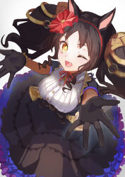 Rule 34 | + +, 1girl, absurdres, animal ears, black gloves, black hair, blush, breasts, center frills, commentary request, cowboy shot, fang, frills, gloves, hair ornament, highres, horse ears, horse girl, huge breasts, large breasts, long hair, looking at viewer, marvelous sunday (umamusume), nikotomiko025, open mouth, outstretched arms, partial commentary, puffy short sleeves, puffy sleeves, short sleeves, simple background, skin fang, solo, thighs, twintails, umamusume, v, white background, yellow eyes