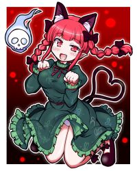 Rule 34 | 1girl, animal ears, blush, braid, breasts, cat ears, cat tail, eruru (erl), extra ears, heart, heart tail, highres, kaenbyou rin, looking at viewer, multiple tails, open mouth, panties, pantyshot, paw pose, red eyes, red hair, smile, solo, tail, touhou, twin braids, underwear, white panties