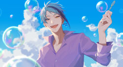 Rule 34 | 13 (bbr584607091), 1boy, aqua hair, arm up, black hair, blue sky, bubble, blowing bubbles, bubble wand, cloud, collared shirt, commentary, earrings, hair over one eye, highres, jade leech, jewelry, long sleeves, looking at viewer, male focus, multicolored hair, open mouth, outdoors, popped collar, purple shirt, sharp teeth, shirt, single earring, sky, smile, solo, streaked hair, symbol-only commentary, teeth, twisted wonderland, upper body, yellow eyes