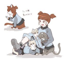 Rule 34 | 1girl, aki (girls und panzer), animal, animalization, ankle boots, blue eyes, blue footwear, blue jacket, blue pants, blue skirt, blunt bangs, boots, cat, commentary, foot up, girls und panzer, green eyes, grey legwear, hair tie, hasekura (hachinochun), highres, holding, holding animal, jacket, keizoku military uniform, long sleeves, looking at another, mika (girls und panzer), mikko (girls und panzer), military, military uniform, miniskirt, mouth hold, open mouth, pants, pants rolled up, pants under skirt, pleated skirt, raglan sleeves, red eyes, red hair, short hair, short twintails, simple background, sitting, skirt, smile, socks, stalk in mouth, track jacket, track pants, translated, twintails, uniform, white background, youko (girls und panzer)