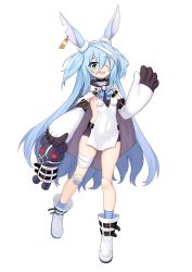 Rule 34 | 1girl, animal ears, arm up, bandage over one eye, bandaged leg, bandages, bike shorts, black shorts, blue eyes, blue hair, boots, breasts, cat-quest-sun, cloak, covered navel, doll joints, ear tag, elbow gloves, female focus, full body, gloves, highres, joints, kneehighs, leg up, legs, little witch nobeta, long hair, looking at viewer, monica (little witch nobeta), open mouth, rabbit ears, short shorts, shorts, sideboob, simple background, small breasts, smile, socks, solo, standing, standing on one leg, striped clothes, striped socks, stuffed animal, stuffed toy, tabard, teddy bear, thighs, two side up, very long hair, waving, white background, white cloak, white footwear, white gloves, white tabard