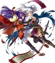 Rule 34 | 2girls, arm guards, black gloves, black thighhighs, damaged, fingerless gloves, fire emblem, fire emblem: radiant dawn, fire emblem heroes, gloves, hair ribbon, headband, highres, japanese clothes, kita senri, long hair, micaiah (fire emblem), micaiah (ninja) (fire emblem), multiple girls, ninja, nintendo, non-web source, official alternate costume, official alternate hairstyle, official art, one eye closed, open mouth, ponytail, purple hair, ribbon, sanaki kirsch altina, sanaki kirsch altina (ninja), scarf, scroll, thighhighs, torn clothes, torn scarf, white background, white hair, yellow eyes, zettai ryouiki