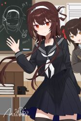 Rule 34 | 2girls, absurdres, alternate costume, black serafuku, black thighhighs, book, brown hair, chalkboard, classroom, closed mouth, cowboy shot, desk, girls&#039; frontline, hairband, highres, indoors, js 9 (girls&#039; frontline), long hair, multiple girls, pleated skirt, red eyes, school desk, school uniform, serafuku, short hair with long locks, sidelocks, signature, simobulanka, skirt, standing, thighhighs, type 79 (girls&#039; frontline), type 97 (girls&#039; frontline)