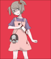 0930erina 1girl bad_source blood bloody_knife blue_eyes brown_hair cowboy_shot dress head_tilt holding holding_knife knife looking_at_viewer lowres open_mouth pinafore_dress pink_dress purple_shirt red_background scrunchie shaded_face shirt short_hair short_sleeves simple_background sleeveless sleeveless_dress steins;gate stuffed_animal stuffed_rabbit stuffed_toy tennouji_nae two_side_up