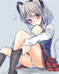 Rule 34 | 1girl, ^^^, abe suke, animal ears, black socks, blush, bread slice, commentary request, dressing, food, food in mouth, green necktie, grey hair, hair between eyes, head tilt, heart, heart-shaped pupils, kneehighs, knees up, long sleeves, looking at viewer, mouse ears, mouse tail, mouth hold, nazrin, necktie, panties, pantyshot, plaid, plaid skirt, ponytail, red eyes, red skirt, shirt, short hair, sitting, skirt, socks, solo, sweater vest, symbol-shaped pupils, tail, tareme, thighs, toast, toast in mouth, touhou, underwear, white panties, white shirt