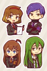 Rule 34 | ahoge, armband, black jacket, black sweater, blue eyes, brown armband, brown eyes, brown hair, brown necktie, closed mouth, collared shirt, commentary request, crossed arms, eyebrow cut, frown, green hair, green necktie, grey background, hair between eyes, hair ornament, hairband, hairclip, hatake shimeji, hod (project moon), holding, holding notepad, holding pen, jacket, lobotomy corporation, long hair, long sleeves, malkuth (project moon), necktie, netzach (project moon), notepad, open clothes, open jacket, open mouth, outline, pen, project moon, purple armband, purple hair, purple necktie, red hairband, red necktie, ribbed sweater, shirt, short hair, simple background, smile, striped, striped background, sweater, wavy mouth, white outline, white shirt, yesod (project moon)