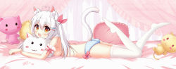 Rule 34 | &gt; &lt;, 1girl, :d, ahoge, animal ears, arm garter, bed, bed sheet, blue panties, blush, blush stickers, bow, bow panties, breasts, canopy bed, cat ears, cat girl, cat hair ornament, cat tail, commentary request, fang, frilled pillow, frills, from side, hair between eyes, hair ornament, hair ribbon, hairclip, heart, heart ahoge, highres, hugging object, long hair, looking at viewer, looking to the side, lying, medium breasts, no shoes, on bed, on stomach, open mouth, orange eyes, panties, paw print, pillow, pink bow, pink ribbon, polka dot pillow, ribbon, sidelocks, signature, smile, solo, striped clothes, striped panties, stuffed animal, stuffed cat, stuffed toy, tail, thighhighs, topless, twintails, underwear, underwear only, vertical-striped clothes, vertical-striped panties, white hair, white thighhighs, xiaosamiao