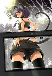 Rule 34 | 1girl, alternate costume, animal ears, bad id, bad pixiv id, black thighhighs, blush, camera, camisole, crop top, grey hair, jewelry, lace, lace-trimmed panties, lace trim, looking at viewer, looking back, midriff, mouse ears, mouse tail, nazrin, nise nanatsura, panties, pantyshot, pendant, pink panties, short hair, shorts, solo focus, tail, thighhighs, touhou, underwear, upshorts, viewfinder
