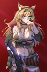 Rule 34 | &gt;:(, 1girl, absurdres, animal ears, arknights, bare shoulders, black choker, black hairband, black jacket, blonde hair, breasts, choker, commentary request, cowboy shot, crop top, green eyes, grey tank top, gun, hairband, high collar, highres, holding, holding gun, holding weapon, horn (arknights), jacket, jewelry, large breasts, long hair, looking at viewer, m16, m16a4, midriff, navel, off shoulder, pendant, qiyedefeishazhanji, red background, rifle, sniper rifle, solo, standing, stomach, tank top, torn clothes, v-shaped eyebrows, weapon, wolf ears