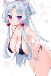 Rule 34 | 1girl, animal ear fluff, animal ears, bikini, black bikini, blush, bow, breasts, cleavage, expressionless, feet out of frame, grey hair, hair bobbles, hair bow, hair intakes, hair ornament, half updo, large breasts, leaning forward, long hair, looking at viewer, parted bangs, parted lips, pink bow, pink eyes, ponytail, side-tie bikini bottom, sidelocks, simple background, solo, string bikini, sudou (s7 d8), swimsuit, touhoku itako, voiceroid, white background