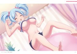 Rule 34 | 1girl, ball, barefoot, blue hair, blush, bouncing breasts, breasts, closed eyes, feet, female focus, from below, groin, hair ribbon, hands up, highres, indoors, jumping, large breasts, legs, minase juri, motion lines, navel, official art, omega labyrinth, omega labyrinth life, open mouth, original, page number, pink ball, pink ribbon, plant, ribbon, short shorts, shorts, sitting, sitting on ball, sleeveless, solo, sports bra, thighs, toes, twintails, u35, underboob