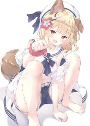 Rule 34 | 1girl, animal ears, arm support, barefoot, belt, beret, blonde hair, blue bow, blue bowtie, blue ribbon, blue shorts, blunt bangs, bow, bowtie, breasts, brown eyes, brown tail, collarbone, dog ears, dog tail, feet, flower, full body, granblue fantasy, hair flower, hair ornament, hat, hat ribbon, jacket, medium breasts, medium hair, off shoulder, parted bangs, paw pose, ribbon, sailor collar, scrunchie, short shorts, shorts, solo, squatting, tail, toenails, toes, ukiwakisen, vajra (granblue fantasy), white belt, white hat, white jacket, wrist scrunchie