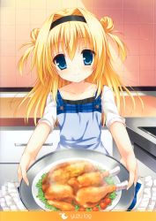 Rule 34 | 1girl, absurdres, any (trueblue), apron, bird, blonde hair, blue eyes, chicken, chitose sana, double bun, hair bun, hair intakes, headband, highres, huge filesize, incoming food, indoors, kitchen, muririn, outstretched arms, plate, smile, tenshinranman, tile wall, tiles, two side up