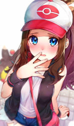 Rule 34 | 1girl, absurdres, bag, bare shoulders, between breasts, black vest, blue eyes, blurry, blurry background, blush, breasts, brown hair, commentary request, creatures (company), denim, denim shorts, depth of field, female focus, game freak, gen 5 pokemon, hand on own face, highres, hilda (pokemon), holding, holding poke ball, long hair, looking at viewer, medium breasts, nintendo, open clothes, open mouth, open vest, poke ball, poke ball (basic), pokemon, pokemon (creature), pokemon bw, pokemon masters ex, ponytail, rouka (akatyann), shirt, short shorts, shorts, shoulder bag, sidelocks, sleeveless, sleeveless shirt, solo focus, strap between breasts, sweatband, tareme, tepig, vest, visor cap, white headwear, white shirt