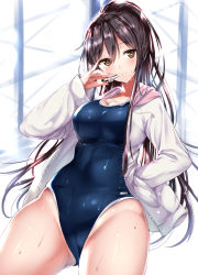 Rule 34 | 1girl, bad id, bad pixiv id, black hair, blue one-piece swimsuit, breasts, brown eyes, commentary request, contrapposto, cowboy shot, hand in pocket, hand on own hip, holding, holding whistle, idolmaster, idolmaster shiny colors, jacket, large breasts, legs apart, long hair, long sleeves, looking at viewer, new school swimsuit, one-piece swimsuit, open clothes, open jacket, ponytail, ponytail korosuke, revision, school swimsuit, shirase sakuya, solo, standing, swimsuit, swimsuit under clothes, very long hair, whistle, white jacket