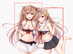 Rule 34 | 2girls, :d, ahoge, alternate costume, baileys (tranquillity650), bikini, blush, breasts, brown eyes, brown hair, cleavage, eating, food, gradient hair, hair flaps, hair ornament, hair ribbon, hairclip, heterochromia, highres, holding, holding food, kantai collection, light brown hair, long hair, looking at viewer, medium breasts, messy hair, multicolored hair, multiple girls, murasame (kancolle), open mouth, red eyes, ribbon, smile, swimsuit, twintails, two side up, very long hair, yuudachi (kancolle)