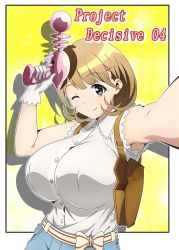 Rule 34 | 1girl, armpits, bare shoulders, breasts, brown eyes, brown hair, decisiveproject, energy gun, gloves, graphite (medium), hair ornament, hairclip, highres, holster, huge breasts, narusawa ryouka, occultic;nine, one eye closed, ray gun, short hair, sleeveless, solo, traditional media, weapon