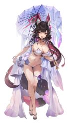 Rule 34 | 1girl, animal ear fluff, animal ears, bikini, blue archive, breasts, brown eyes, fang, fox ears, fox tail, hair ornament, highres, holding, holding umbrella, large breasts, long hair, looking at viewer, solo, swimsuit, tail, thigh strap, umbrella, wakamo (blue archive), wakamo (swimsuit) (blue archive), white background, zerocat