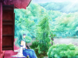 Rule 34 | 1girl, akashio (loli ace), bad id, bad pixiv id, blue skirt, building, day, detached sleeves, female focus, from side, green eyes, green hair, kochiya sanae, light rays, long sleeves, matching hair/eyes, nature, nontraditional miko, outdoors, plant, profile, shrine, sitting, skirt, solo, touhou, tree