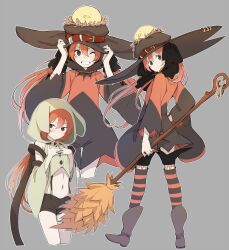 Rule 34 | 1girl, animal hood, black bow, black eyes, boots, bow, broom, brown hair, copyright request, e (eokiba), grin, hands on own chest, hat, hat belt, highres, holding, holding broom, hood, midriff, multiple views, navel, one eye closed, over-kneehighs, shorts, simple background, smile, striped clothes, striped thighhighs, suspender shorts, suspenders, thighhighs, twintails, wide sleeves