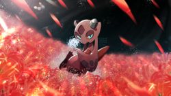 Rule 34 | blue eyes, blurry, colored sclera, commentary request, creatures (company), field, flower, flower field, froslass, game freak, gen 4 pokemon, highres, holding, holding flower, leaning back, looking at viewer, nintendo, no humans, orange sclera, petals, pokemon, pokemon (creature), solo, spider lily, watermark, white flower, white spider lily, yukifuri tsuyu