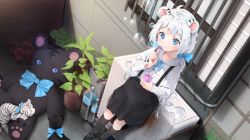 Rule 34 | 1girl, agnamore, ahoge, animal, animal ears, bad id, bad pixiv id, black footwear, black skirt, black socks, blue bow, blue eyes, blue ribbon, blush, bow, bubble, blowing bubbles, closed mouth, collared shirt, commentary request, dress shirt, dutch angle, hair bow, holding, kneehighs, korean commentary, leaning on object, long hair, long sleeves, low twintails, neck ribbon, original, pleated skirt, ribbon, shirt, shoes, skirt, socks, solo, standing, stuffed animal, stuffed tiger, stuffed toy, suspender skirt, suspenders, tiger, tiger ears, twintails, very long hair, white hair, white shirt, white tiger, window