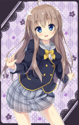 Rule 34 | 1girl, :d, akishisu (air balance), alternate costume, black jacket, blue eyes, blush, bow, bowtie, breasts, checkered background, commentary request, cowboy shot, eyelashes, grey sailor collar, grey skirt, hair between eyes, hair down, hands up, happy, head tilt, jacket, light brown hair, long hair, long sleeves, looking at viewer, medium breasts, miniskirt, open mouth, plaid, plaid skirt, pleated skirt, purple background, round teeth, sailor collar, sanoba witch, school uniform, shiiba tsumugi, shiny skin, sidelocks, simple background, skirt, smile, solo, standing, straight-on, teeth, upper teeth only, yellow bow, yellow bowtie