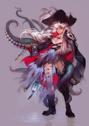 Rule 34 | 1girl, arm sling, asymmetrical clothes, bandages, belt, boots, braid, broken arm, chain, collarbone, dark-skinned female, dark skin, ein lee, full body, hat, jewelry, long hair, necklace, pirate, pirate hat, scar, simple background, single thighhigh, skull, solo, tentacles, thigh boots, thighhighs, white hair, yellow eyes
