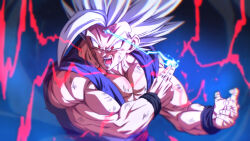 Rule 34 | 1boy, battle damage, dragon ball, dragon ball super, dragon ball super super hero, electricity, gohan beast, incoming attack, makankousappou, male focus, muscular, muscular male, red eyes, rom (20), solo, son gohan, spiked hair, upper body, white hair, wristband