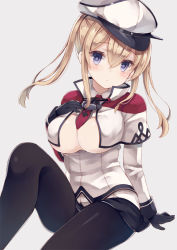 Rule 34 | 10s, 1girl, bad id, bad pixiv id, black pantyhose, blue eyes, breasts, capelet, celtic knot, cleavage, cross, graf zeppelin (kancolle), hair between eyes, hat, iron cross, kantai collection, looking at viewer, military hat, pantyhose, peaked cap, solo, yuzu-aki