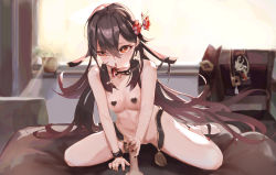 Rule 34 | 1girl, absurdres, backlighting, bad id, bad pixiv id, blush, breasts, brown hair, censored, covered erect nipples, dildo, flower, genshin impact, hair flower, hair ornament, hat, heart pasties, highres, hu tao (genshin impact), huge filesize, long hair, looking at viewer, medium breasts, mosaic censoring, navel, nude, pasties, plum blossoms, red eyes, sex toy, sitting, solo, symbol-shaped pupils, thighs, tribute tea, twintails, very long hair, wariza