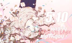 Rule 34 | 12 myurume, 1boy, aqua hair, aqua nails, black nails, black pants, blue eyes, bracelet, calla lily, colored inner hair, confetti, cowboy shot, daisy, dated, dress shirt, earrings, flower, gradient background, hair over one eye, hand to own mouth, hand up, happy birthday, highres, holostars, jewelry, long sleeves, looking at viewer, lying, male focus, multicolored hair, nail art, nail polish, on back, pants, pink background, pink flower, pink hair, pink nails, pink shirt, purple flower, purple nails, rose, shirt, short hair, smile, solo, streaked hair, upside-down, utsugi uyu, virtual youtuber, white flower, white hair, white rose